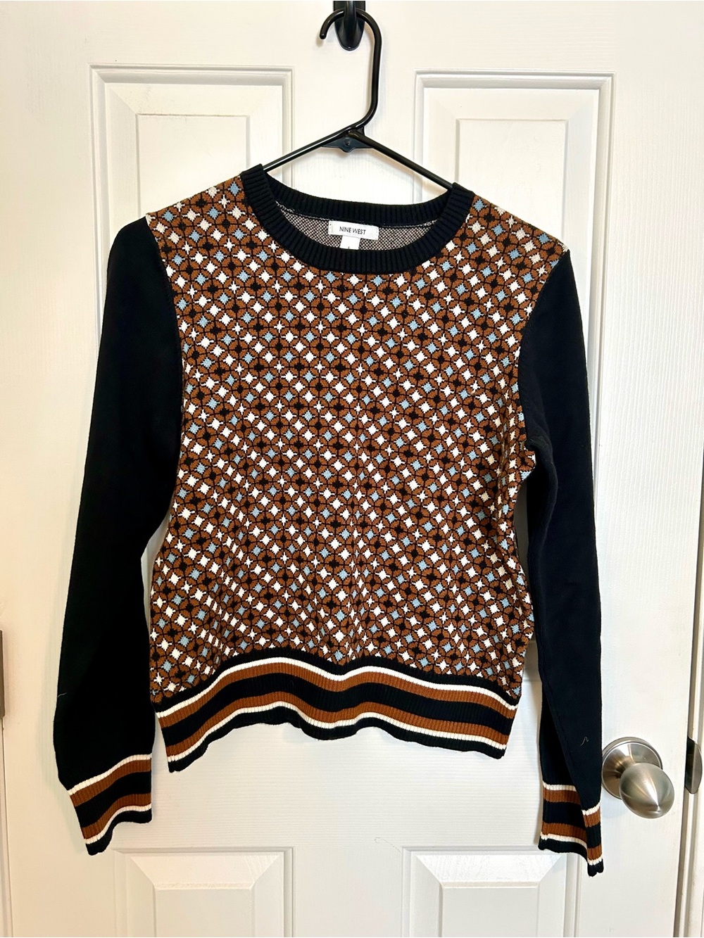 Nine West Brown, Black and Blue Geometric Knit Pullover